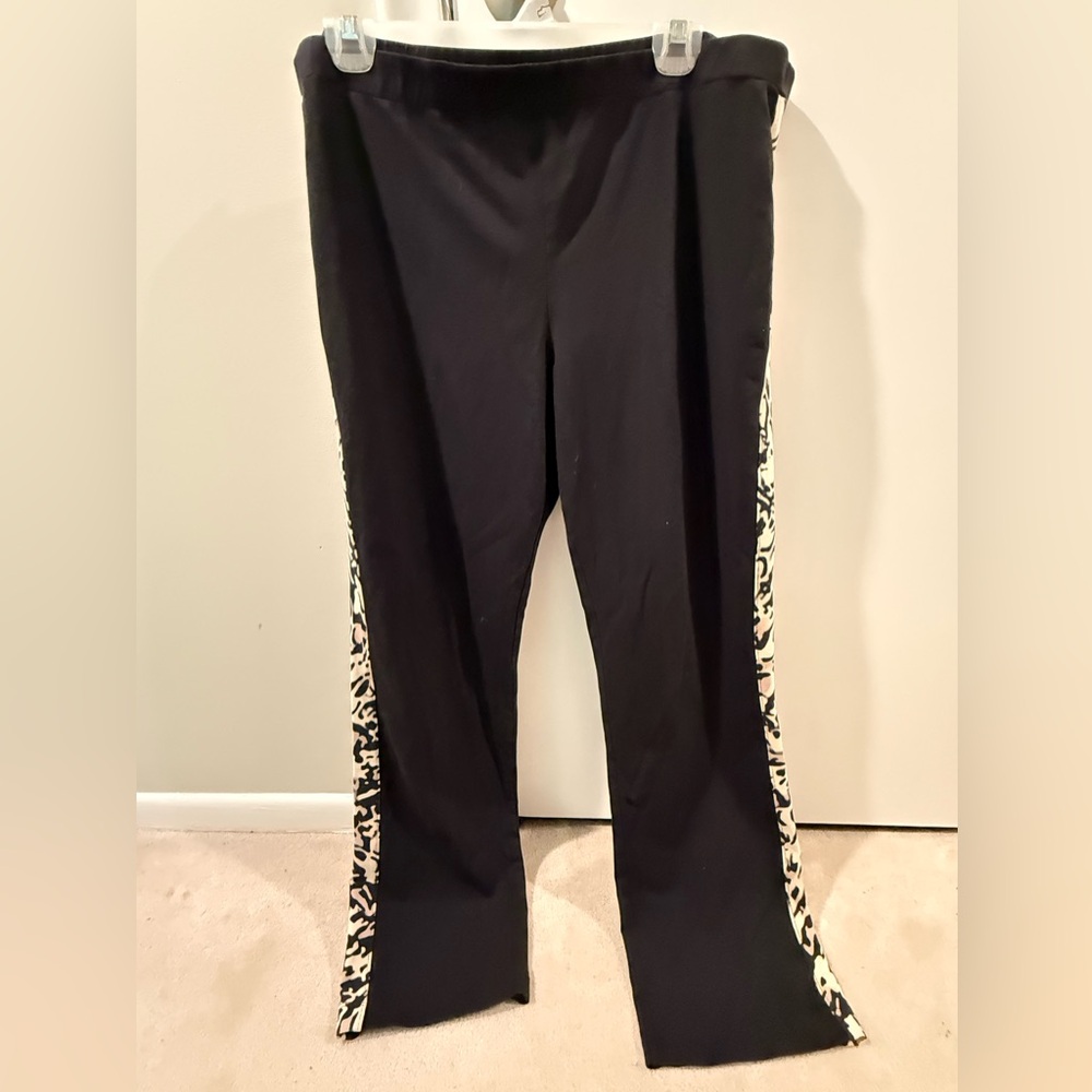 Susan Graver Black Flare Pants with Animal Print Trim